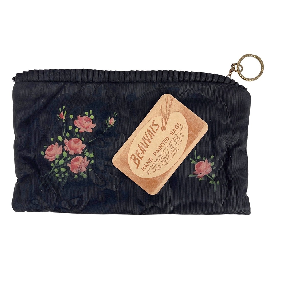 Beauvais Womens Hand Painted Upcycled Vintage Clutch Bag Black Pink Floral Roses